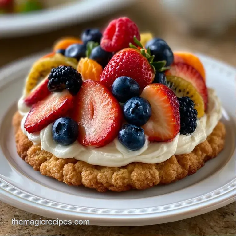 Neatly sliced fruit dessert on a white platter, showcasing bright kiwi, strawberry, and blueberry concentric rings.