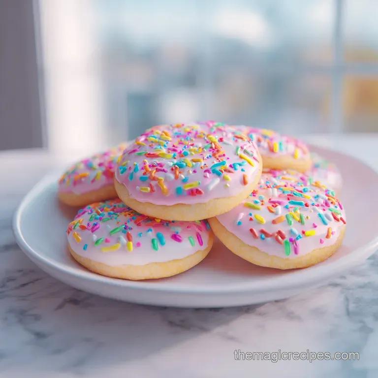Stack of soft, pale cookies adorned with a delicate swirl of white frosting and colorful sprinkles.