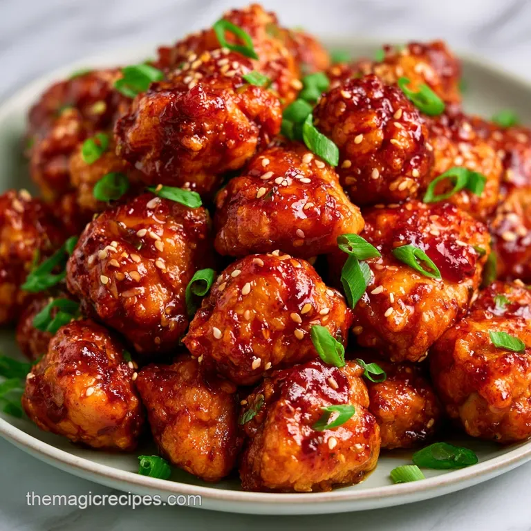 Vibrant orange glaze over crispy chicken pieces in a white bowl, topped with toasted sesame seeds and sliced scallions.