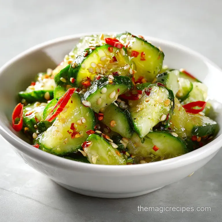 Thinly sliced, crisp cucumber spirals artfully arranged with a sprinkle of toasted sesame seeds and chili.