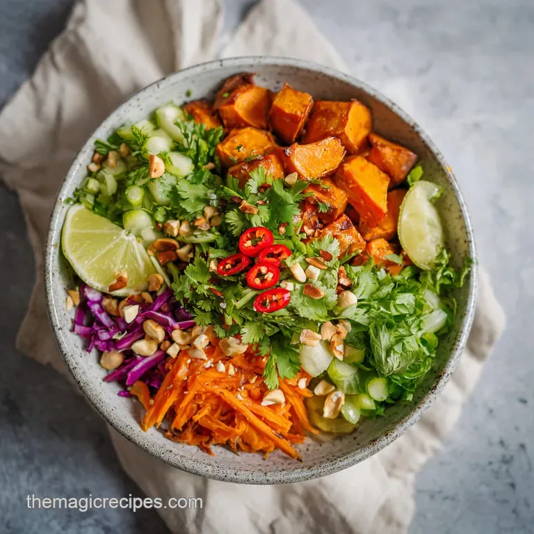 A beautifully plated Buddha bowl: roasted sweet potatoes, vibrant greens, and a rich, glossy peanut sauce cascade artfully...