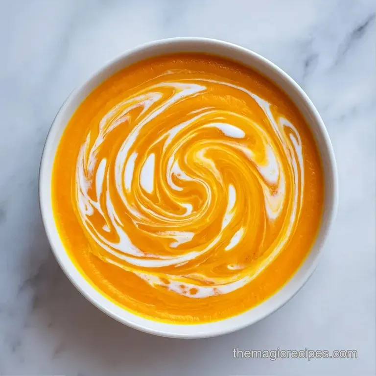 Vibrant orange soup in a white bowl with a drizzle of olive oil and toasted pumpkin seeds on a linen napkin.