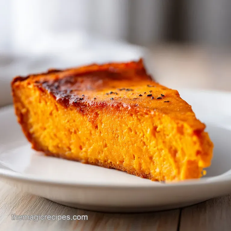 A scoop of vibrant orange mash topped with a caramelized marshmallow and toasted pecans on a minimalist white plate.