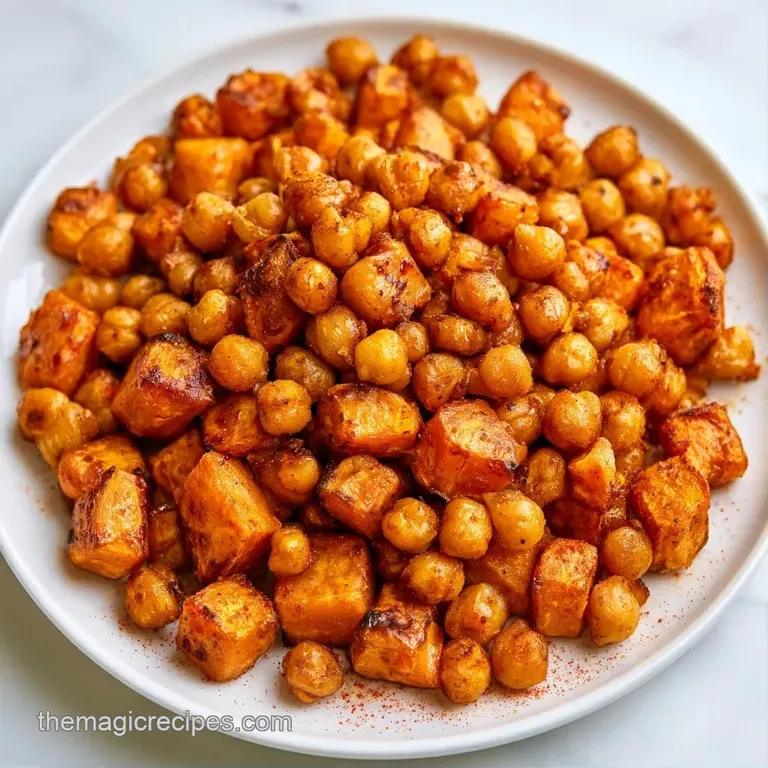 Roasted orange sweet potatoes and toasted chickpeas arranged in a white bowl over fresh, dark leafy kale greens.