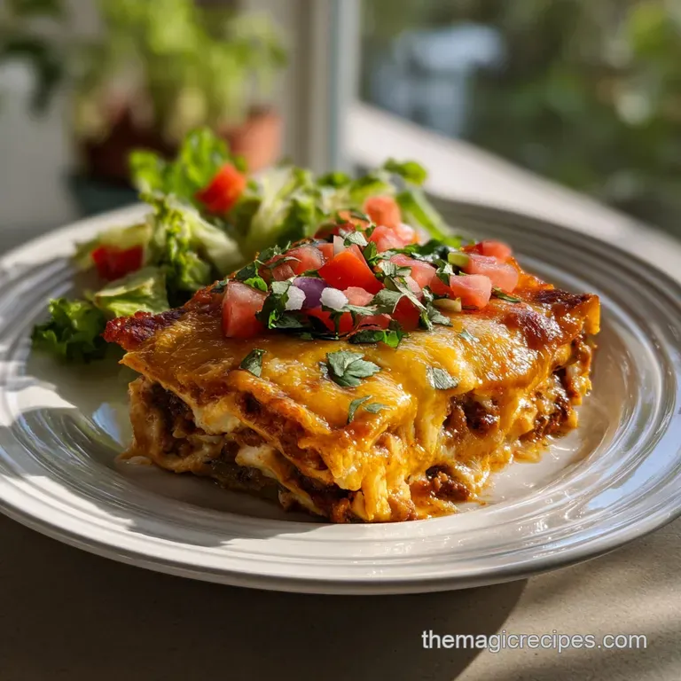 Stacked taco lasagna slice with visible layers of seasoned meat and cheese, garnished with vibrant cilantro and a dollop o...