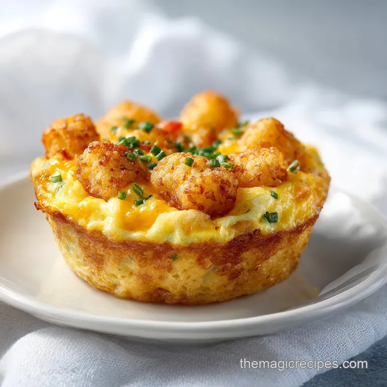 Neatly arranged mini omelet muffins with a vibrant yellow interior, alongside crispy golden tater tots.