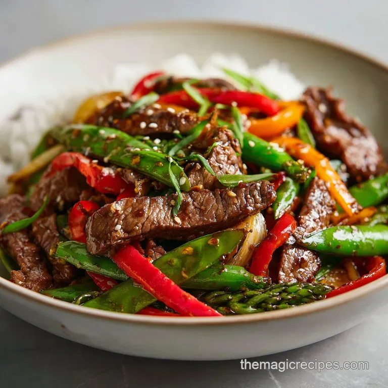 Steaming beef stir-fry artfully arranged in a white bowl, highlighting the vibrant colors and textures of the dish with fr...