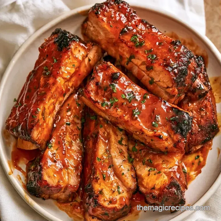 A neat stack of glazed ribs on a white porcelain plate, paired with bright yellow corn and crisp green coleslaw.