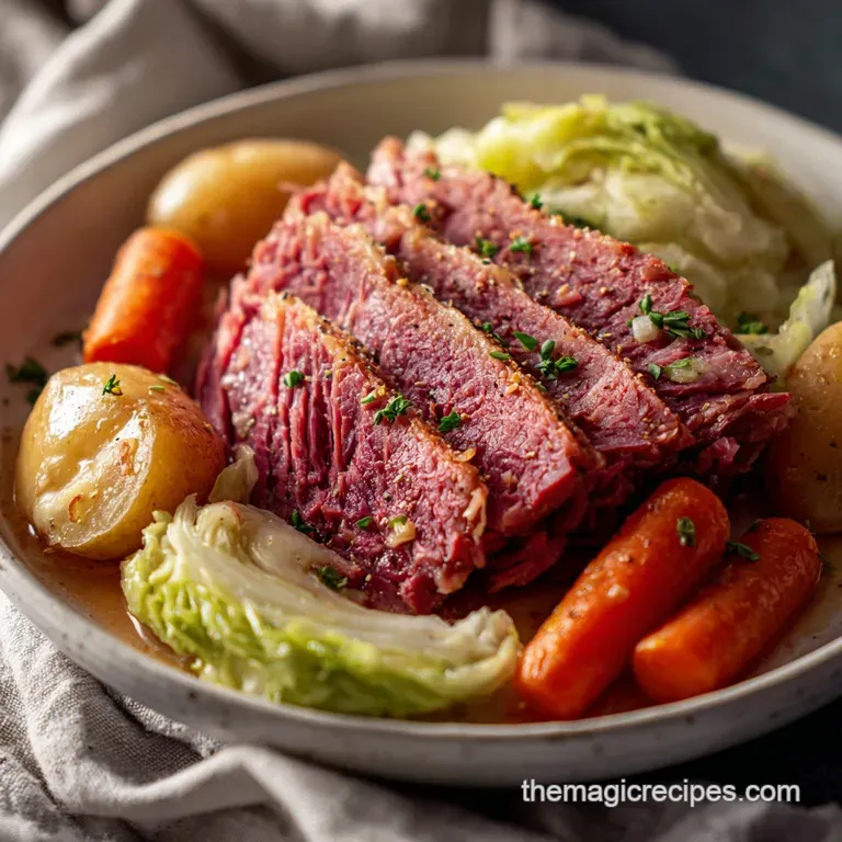 Perfectly plated corned beef with boiled potatoes, carrots, and cabbage. A savory, rich broth pools around the tender meat...