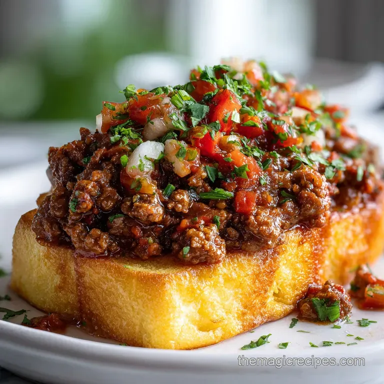Sloppy joe on grilled Texas toast, plated with crisp lettuce; filling is meaty with a slightly tangy, saucy sheen.