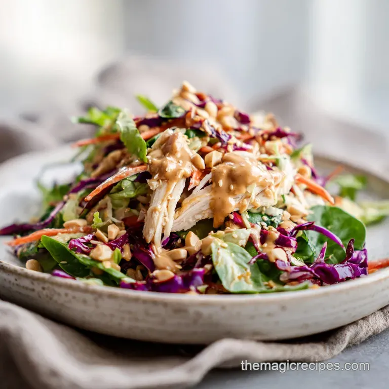 Bright & fresh Thai chicken salad plated: juicy chicken, crisp greens, chopped herbs, vibrant dressing, & crunchy peanut t...