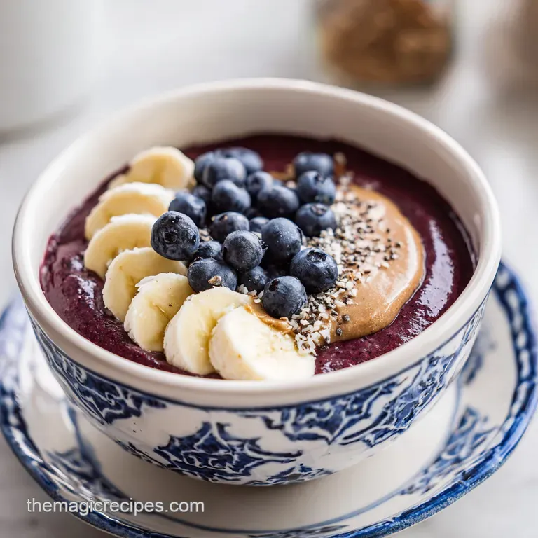 Elegant bowl of thick purple puree adorned with symmetrical fruit slices and a light dusting of shredded coconut.