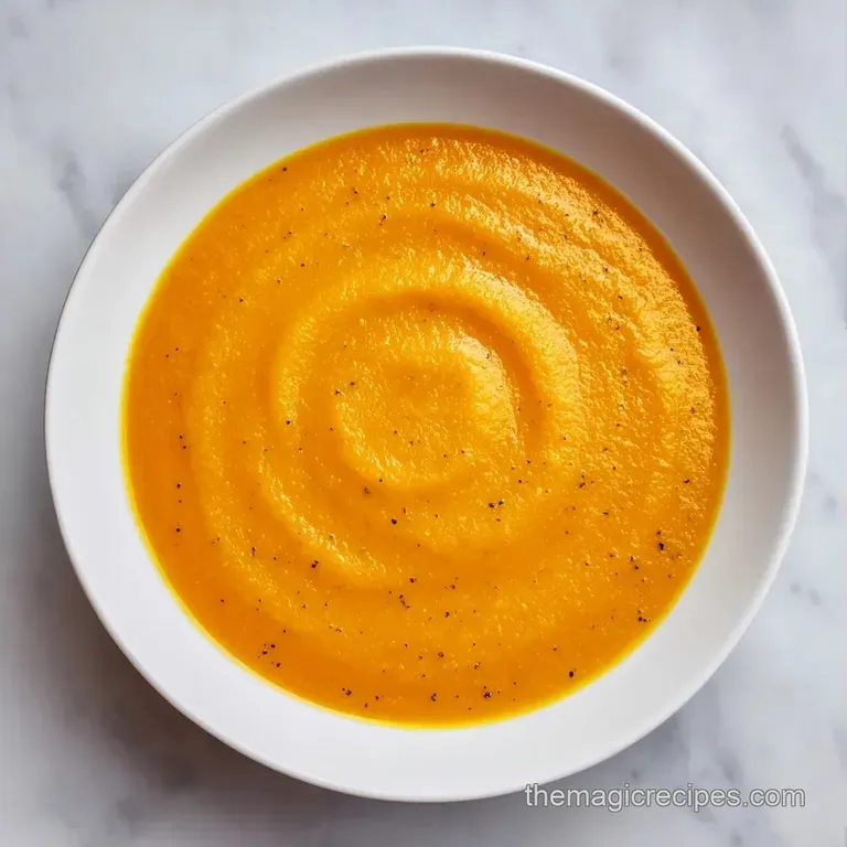 Creamy orange puree served in a modern white bowl with a swirl of cr&egrave;me fra&icirc;che and toasted pumpkin seeds.