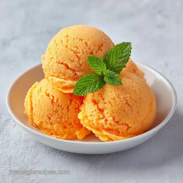 Three neat scoops of bright yellow frozen treat on a white plate, accented with fresh mango cubes and mint.