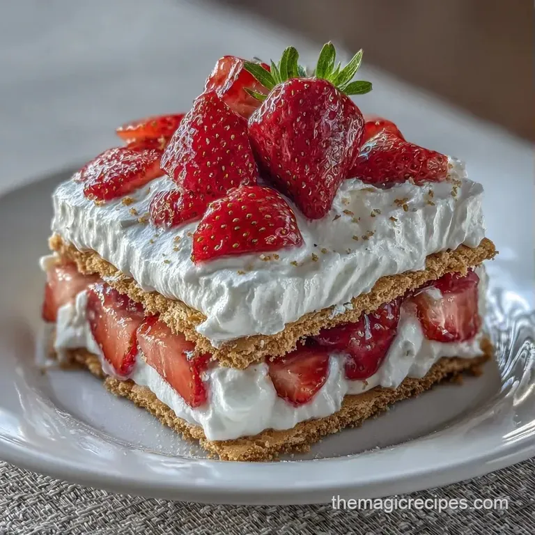 A neat slice of chilled cream cake on a white plate, topped with a fresh strawberry and a mint leaf sprig.