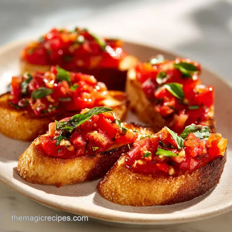 Artfully arranged bruschetta, showcasing plump tomatoes and fresh green basil on rustic bread.