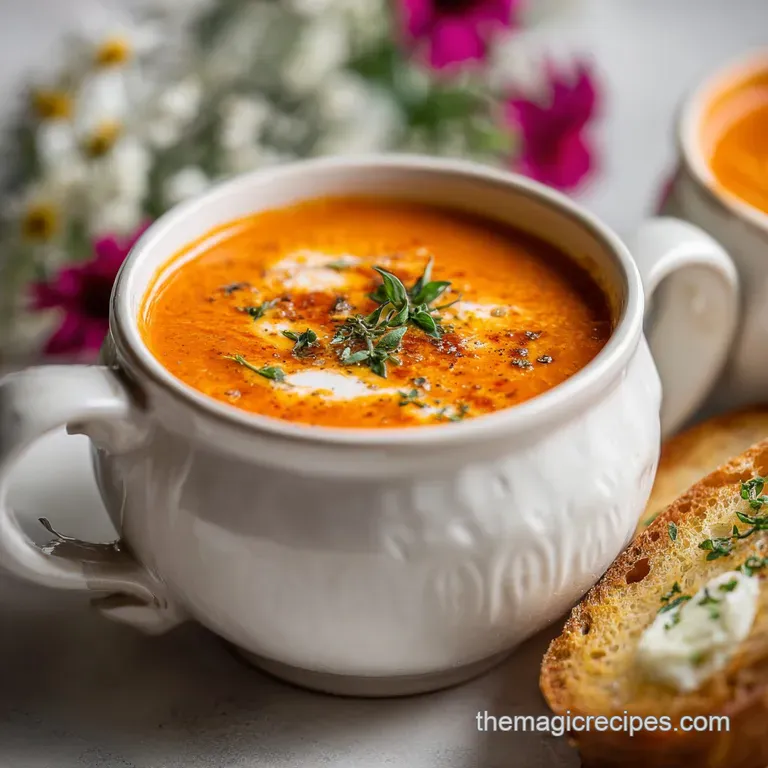 Elegant white bowl of smooth, red bisque. Swirl of cream, scattered herbs, and a drizzle of olive oil. Appetizing, inviting.