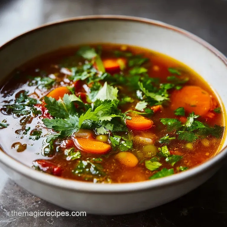 Elegant serving of minestrone in a white bowl, a swirl of olive oil glistening on top, accompanied by crusty bread for dip...
