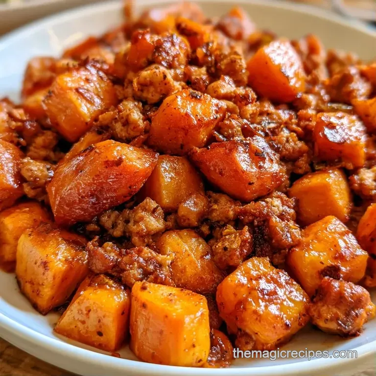 Colorful scoop of browned turkey and orange sweet potatoes in a white bowl, garnished with bright green herbs.