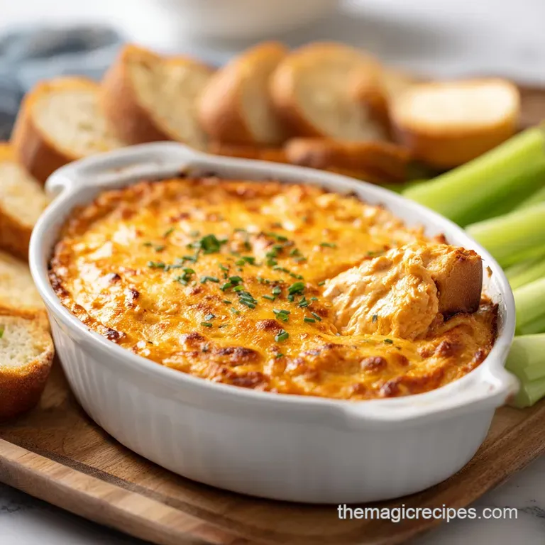 Creamy, cheesy buffalo chicken dip served with crunchy celery sticks and crispy tortilla chips for dipping; a tempting par...
