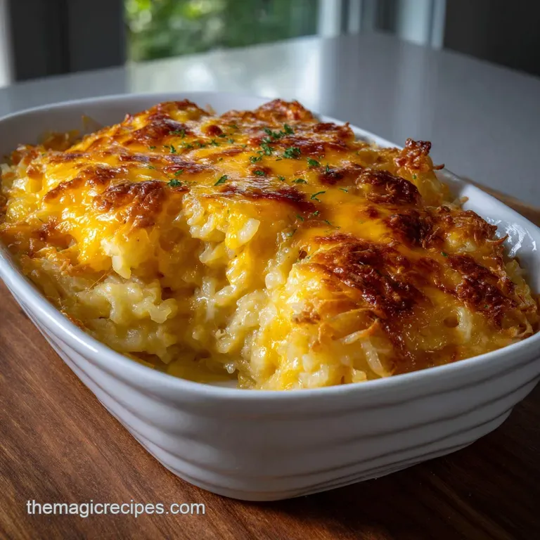 Individual serving of hashbrown casserole, showcasing the creamy interior and crispy top. Garnished with fresh parsley, cr...