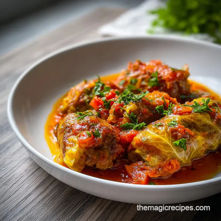 A scoop of tender cabbage and beef mixture plated elegantly with fresh parsley. The vibrant red tomato sauce glistens.