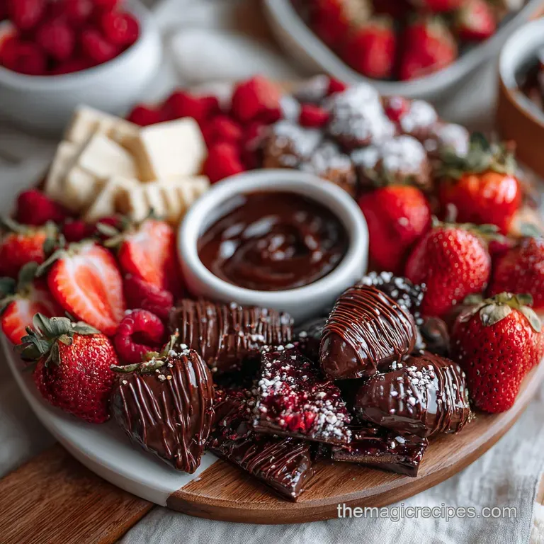 Elegant dessert plate with glistening chocolate-covered strawberries sprinkled with edible glitter and a dusting of powder...