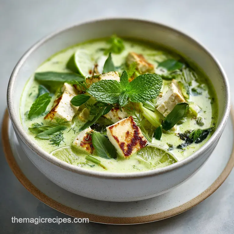 Steaming bowl of Thai green curry, artfully garnished with fresh cilantro and a swirl of coconut cream; appetizing and vib...