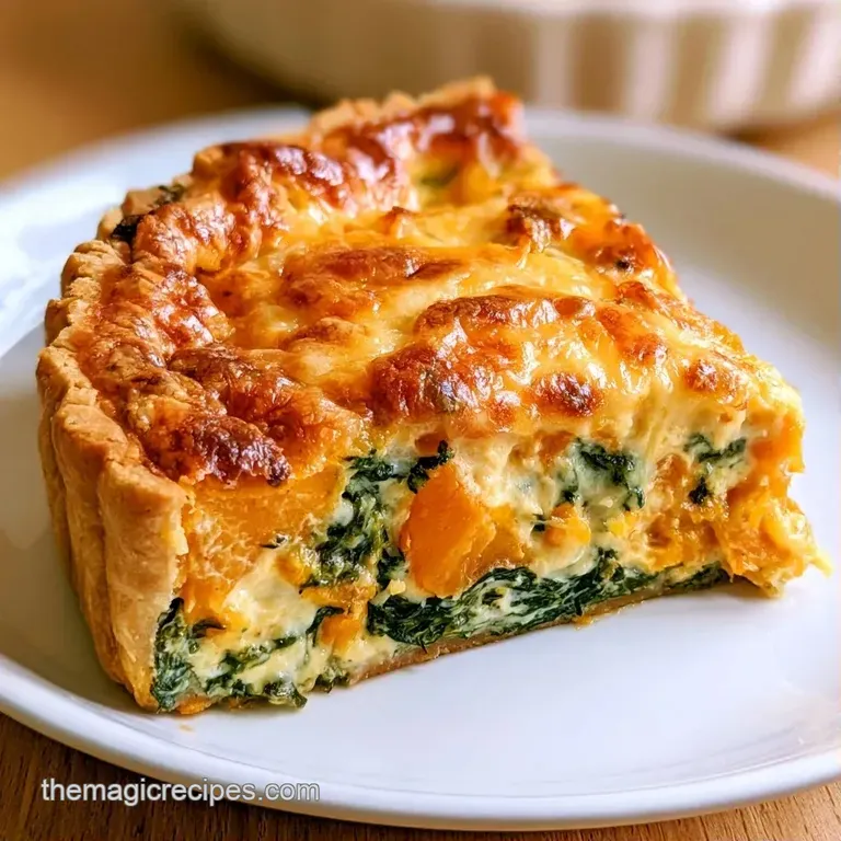 A neat slice of layered orange pasta topped with toasted cheese and a fresh sage leaf on a minimalist white plate.