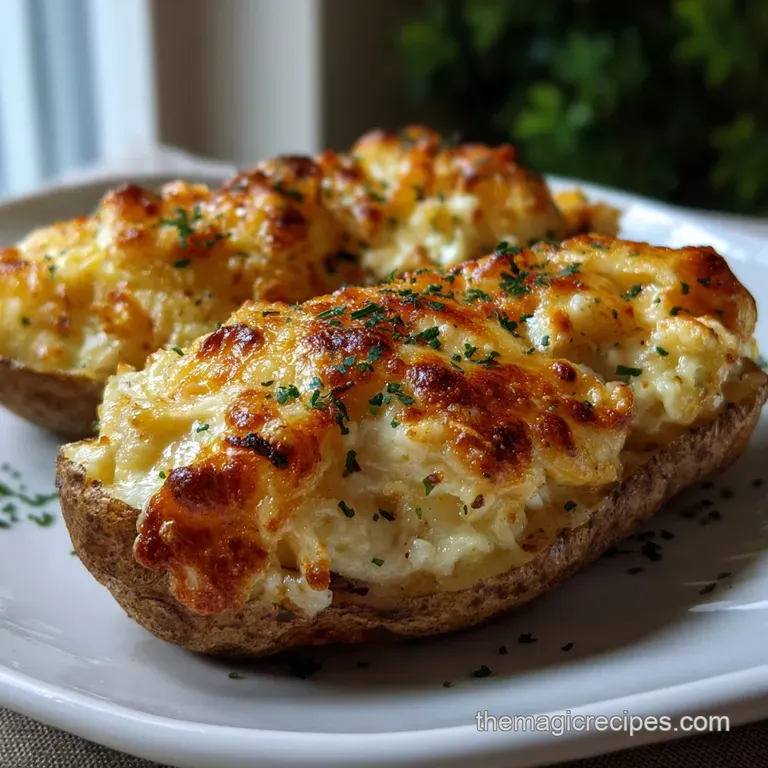 Elegant plate featuring a halved potato with a creamy, textured filling. The skin is a deep golden brown, garnished with f...