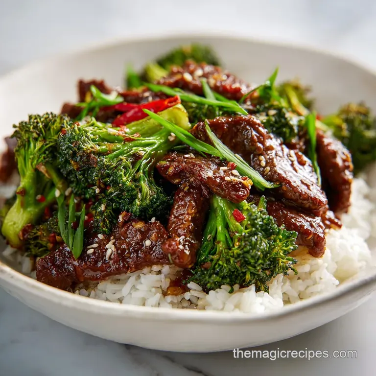 Perfectly plated beef and broccoli. Steaming, sauce-covered dish, artfully garnished with sesame seeds, ready to be enjoyed.
