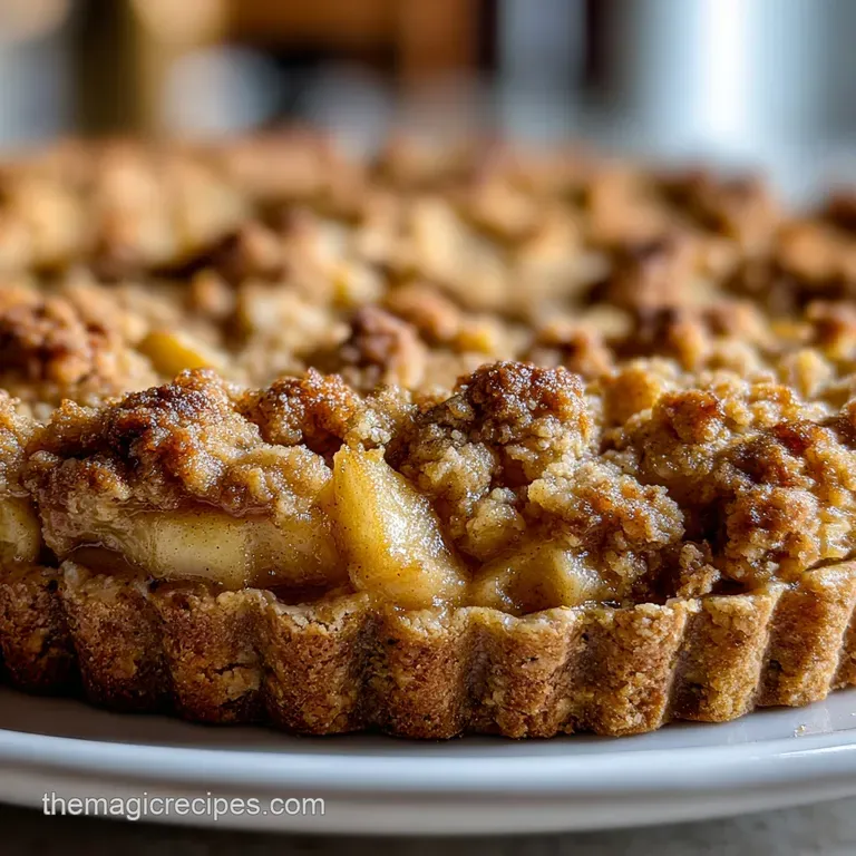 Elegant slice of apple pie on a white plate; rich caramel hues against a flaky crust with a dollop of whipped cream.