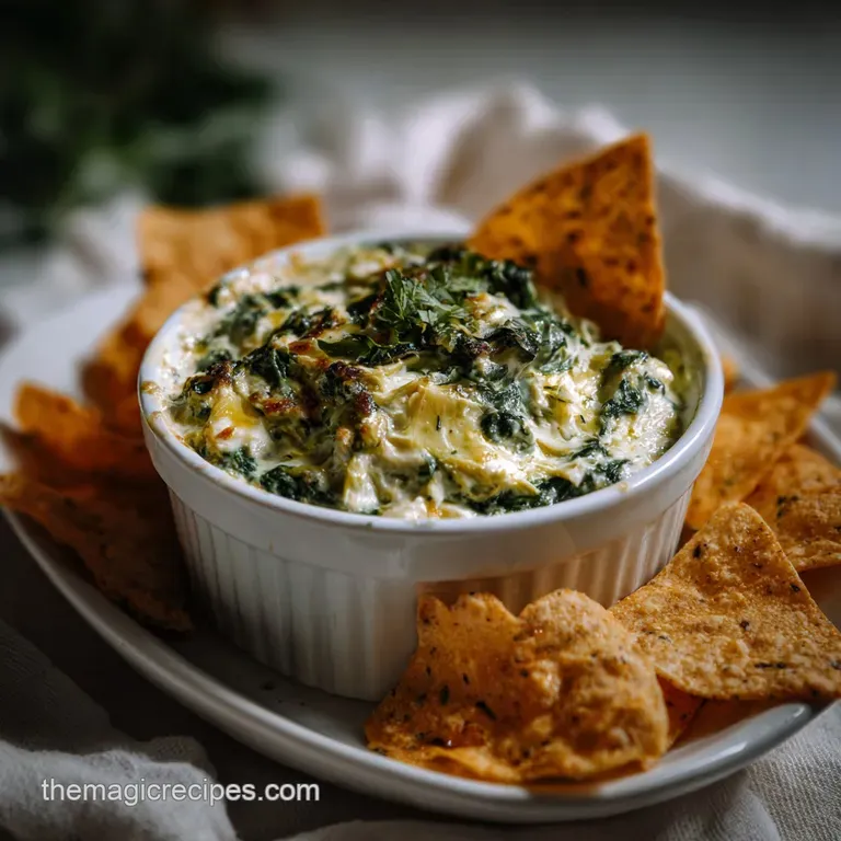Garnished spinach artichoke dip artfully swirled in a white ceramic dish, surrounded by toasted baguette slices and a scat...