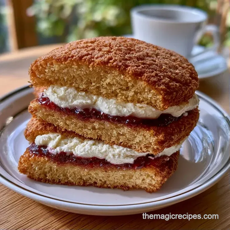 Airy golden sponge cake slice with creamy filling and jam on a white plate, garnished with a fresh raspberry.
