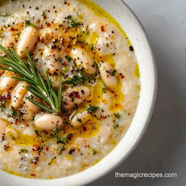 Velvety white soup served in a matte ceramic bowl garnished with a crispy sage leaf and a swirl of herb oil.