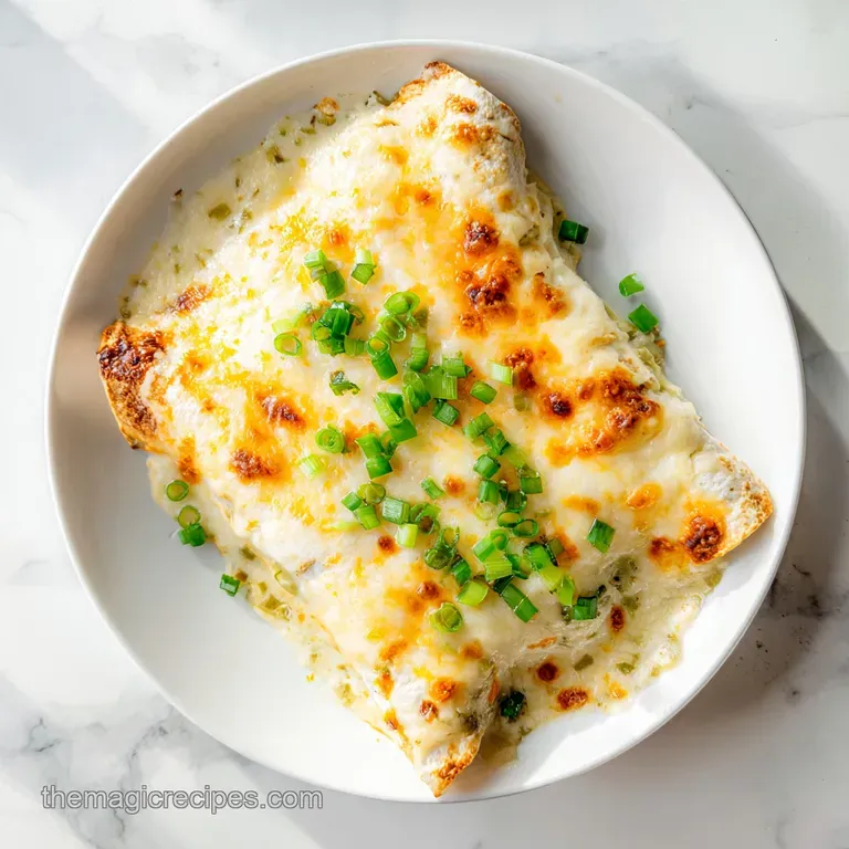Two rolled tortillas smothered in velvety white sauce, garnished with sliced scallions on a minimalist white plate.