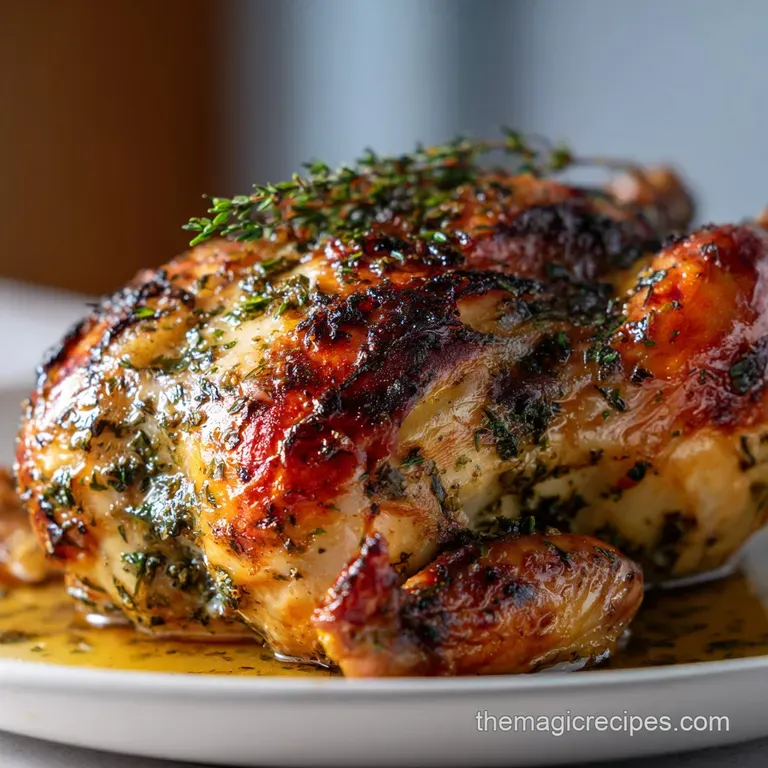 Perfectly plated roasted chicken breast with crispy skin, served alongside vibrant, tender roasted root vegetables and herbs.