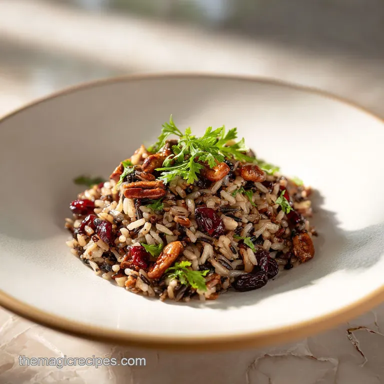 A generous portion of fluffy wild rice pilaf, topped with slivers of toasted pecans and saut&eacute;ed mushrooms.