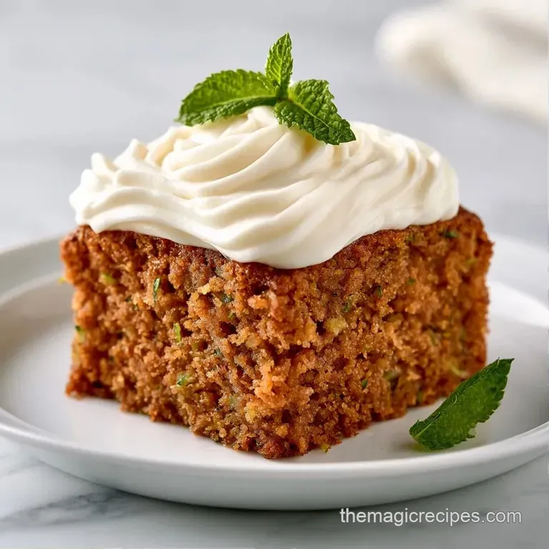 Elegant slice of golden-brown cake with creamy white frosting and a dusting of cinnamon on a modern white platter.