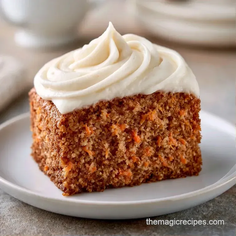 A neat slice of spiced orange-hued cake topped with a thick swirl of white frosting on a white ceramic plate.